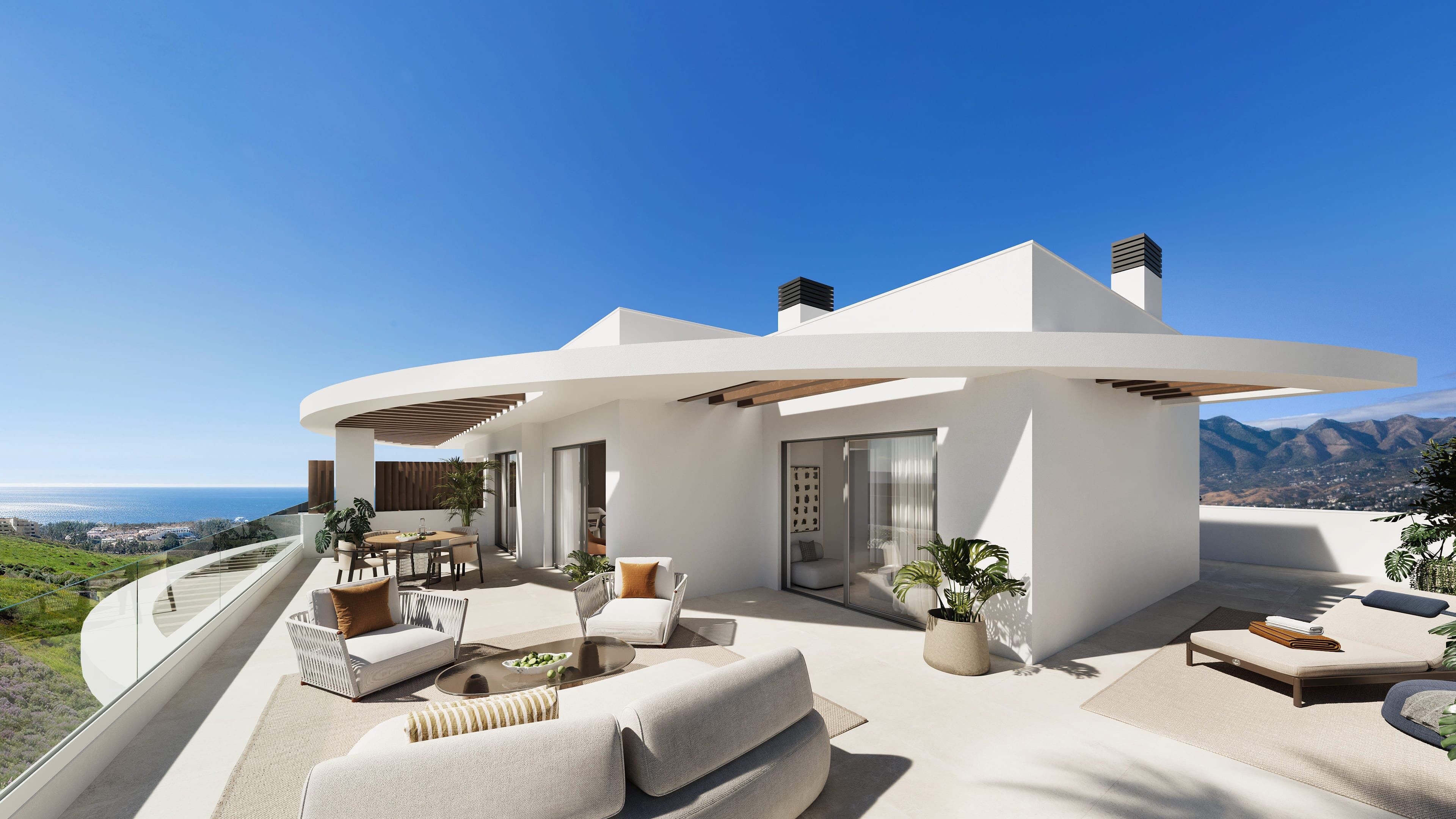 Panorámás tengerre néző, természettel körülvett házak Mijas egyik legelőkelőbb környezetében.