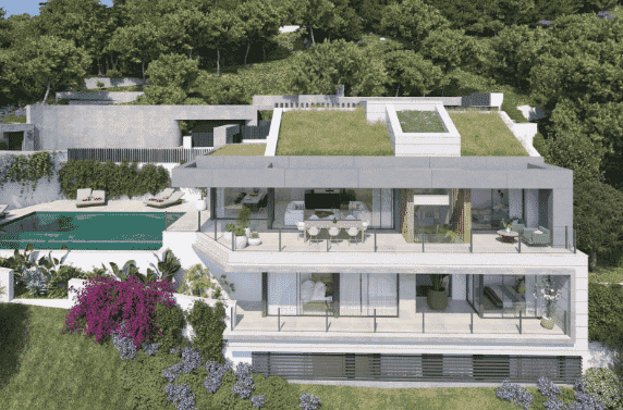 Modern luxusvilla Pinares Hills Málagában, végtelenített medencével és panorámás kilátással a tengerre.